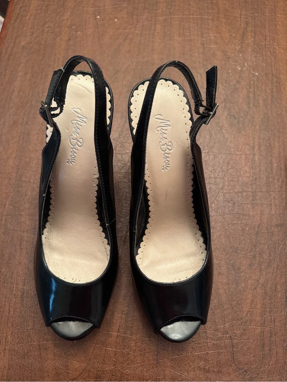 Miss Bisou Black Patent Peep-Toe Slingback Heels